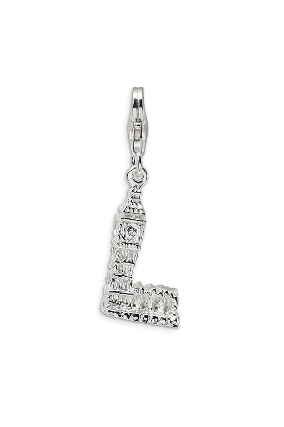 Sterling Silver 3-D Polished Big Ben With Lobster Clasp Charm - 2.8 Grams - Measures 32x10mm