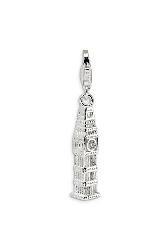 Sterling Silver 3-D Polished Clock Tower With Lobster Clasp Charm - 3.5 Grams - Measures 34x7mm