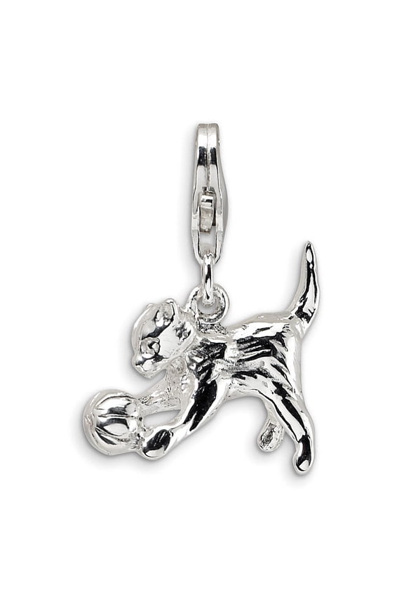 Sterling Silver 3-D Polished Kitten and Ball With Lobster Clasp Charm - 3.8 Grams - Measures 23x16mm