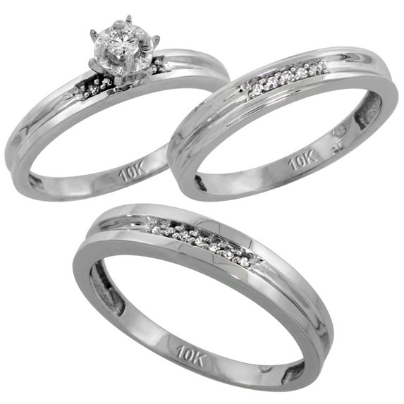 Sterling Silver 3-Piece Trio His (4mm) & Hers (3.5mm) Diamond Wedding Band Set, w/ 0.13 Carat Brilliant Cut Diamonds; Ladies Size 6