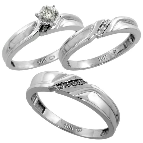 Sterling Silver 3-Piece Trio His (5mm) & Hers (3.5mm) Diamond Wedding Band Set, w/ 0.11 Carat Brilliant Cut Diamonds; Ladies Size 5