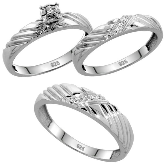 Sterling Silver 3-Piece Trio His (5mm) & Hers (3.5mm) Diamond Wedding Band Set, w/ 0.11 Carat Brilliant Cut Diamonds; Ladies Size 8.5