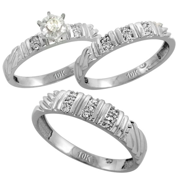 Sterling Silver 3-Piece Trio His (5mm) & Hers (3.5mm) Diamond Wedding Band Set, w/ 0.14 Carat Brilliant Cut Diamonds; Ladies Size 5.5