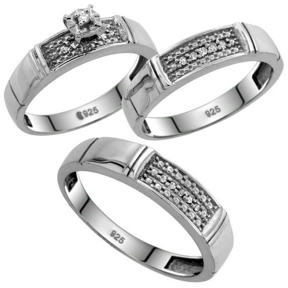 Sterling Silver 3-Piece Trio His (5mm) & Hers (4.5mm) Diamond Wedding Band Set, w/ 0.13 Carat Brilliant Cut Diamonds; Ladies Size 8