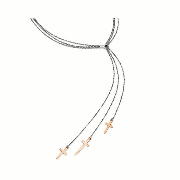 Sterling Silver 3 Rose-Tone Cross Adj up to 24" Slip-on Necklace