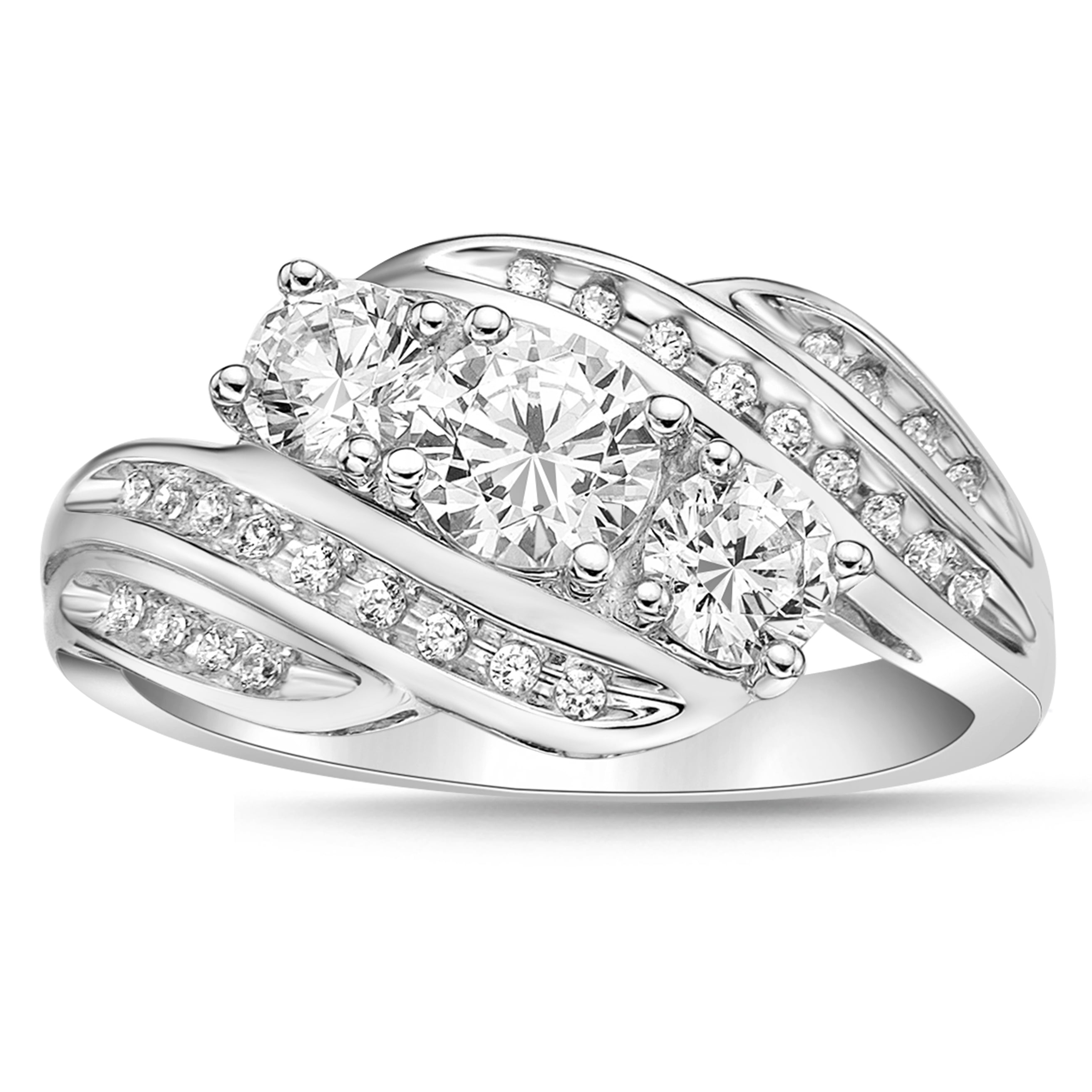 Sterling Silver 3 Stones Round Simulated Diamond Ring
