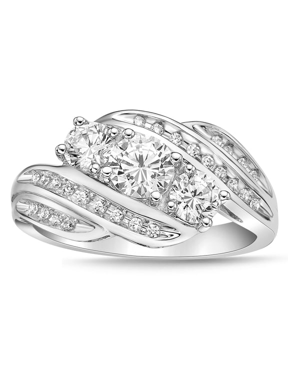 Sterling Silver 3 Stones Round Simulated Diamond Ring