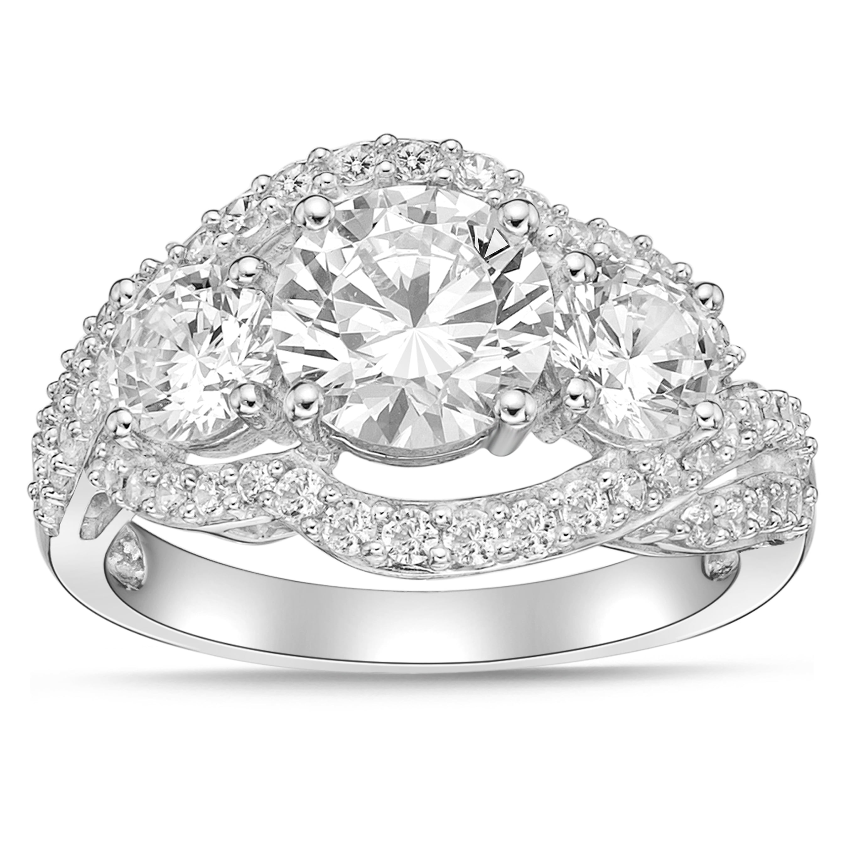 Sterling Silver 3 Stones Round Simulated Diamond Ring