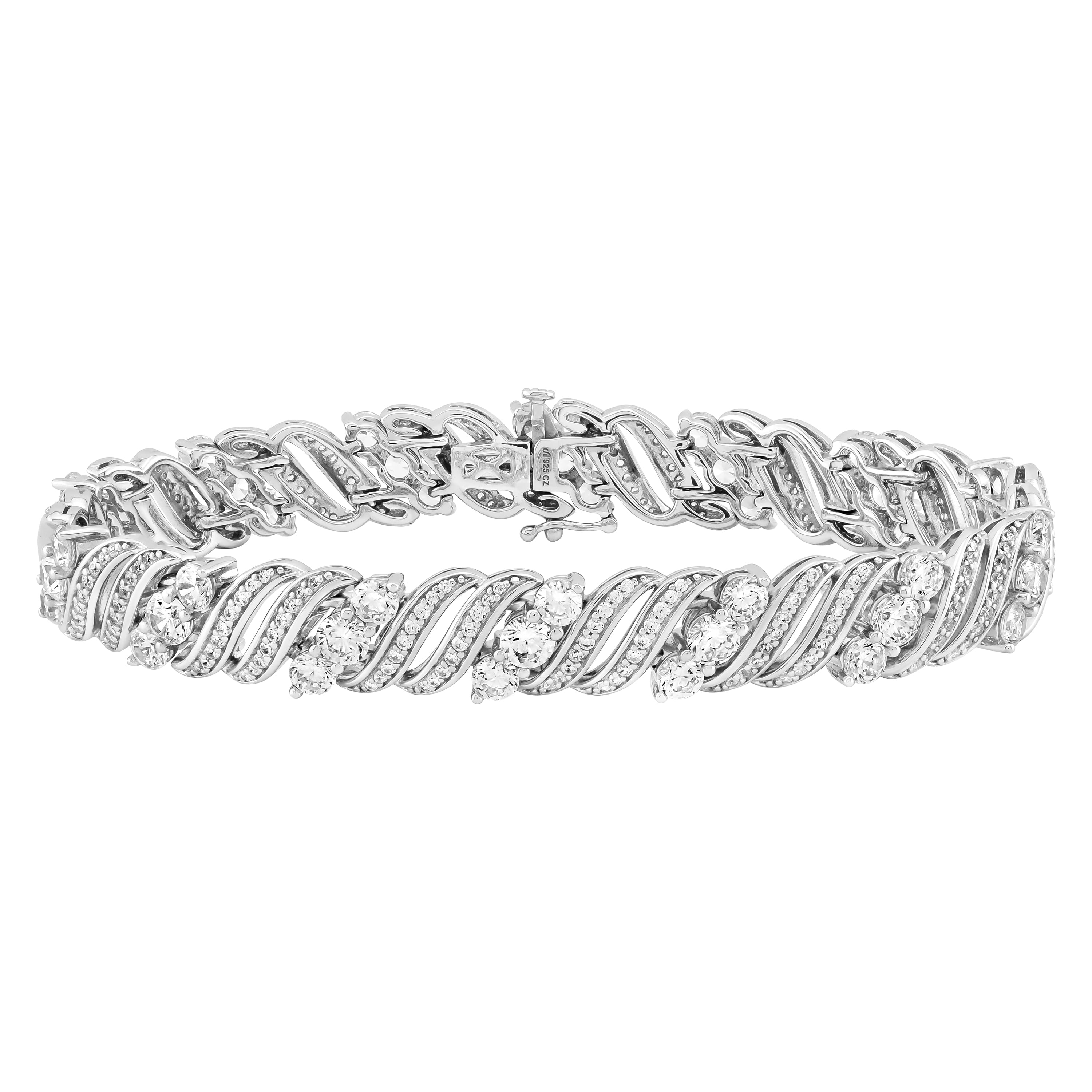 Sterling Silver 3 Stones Simulated Diamond Link Bracelet, 7.25"
