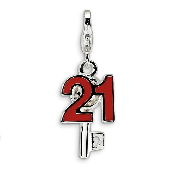 Sterling Silver 3-d Enameled 21 and Key With Lobster Clasp Charm - 2.5 Grams - Measures 27x10mm