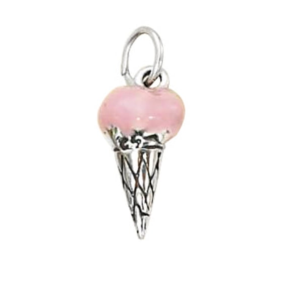 Sterling Silver 30" 1.2mm Box Chain 3D Enameled Strawberry Ice Cream Cone Pendant Necklace