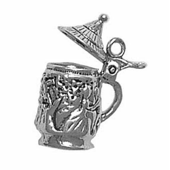 Sterling Silver 30" 1mm 3D Detailed Lid Opens Beer Stein And Tankard Round Pendant Necklace