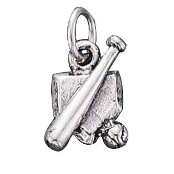 Sterling Silver 30" 1mm Box Chain 3D Baseball Bat Ball Homeplate Pendant Necklace