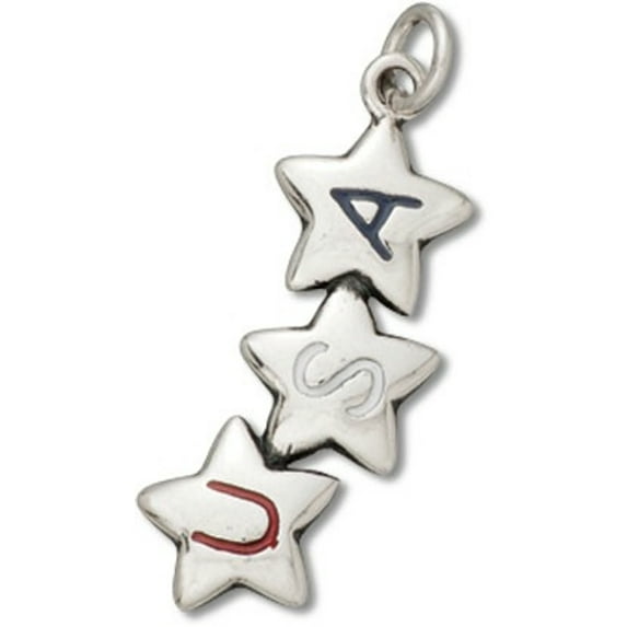 Sterling Silver 30" 1mm Box Chain Red White Blue USA In Three Stars Pendant Necklace