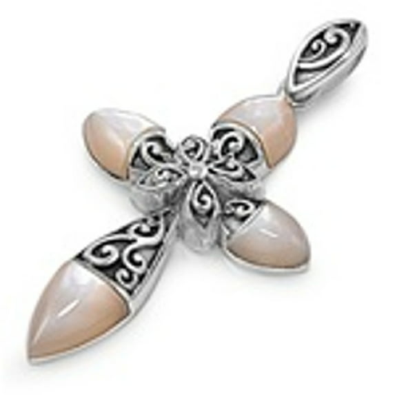 Sterling Silver 30" 1mm Cross Round Pointed Arm Mother Of Pearl And Filigree Pendant Necklace