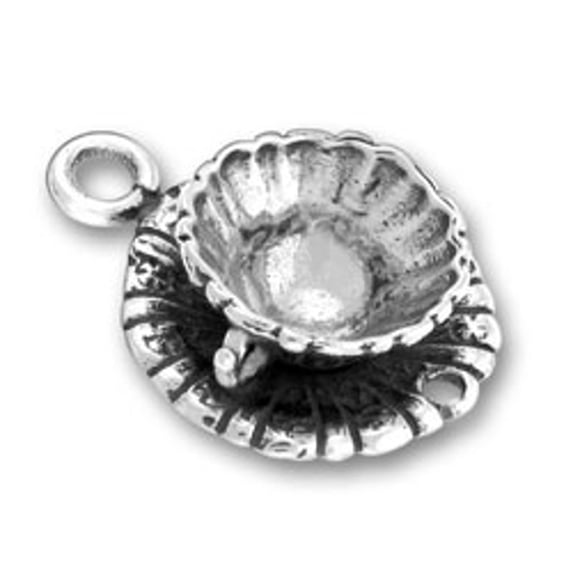 Sterling Silver 30" .8mm 3D Decorative Tea Or Coffee Cup Saucer And Spoon Pendant Necklace