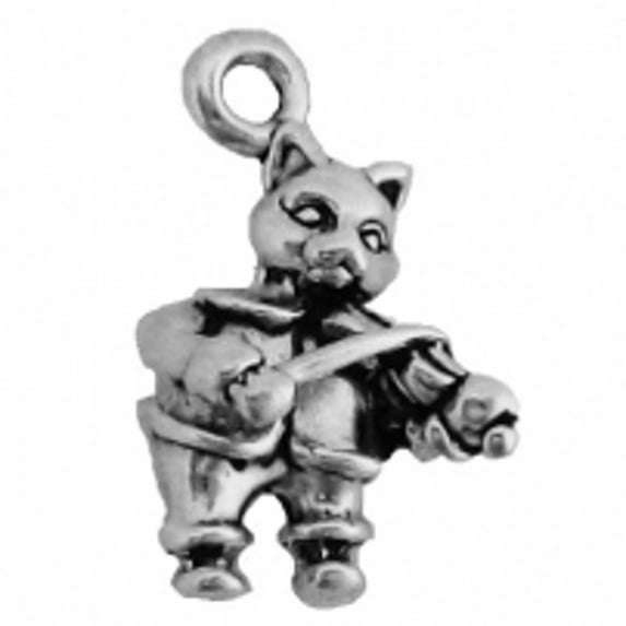 Sterling Silver 30" .8mm Box Chain 3D Cat Playing Fiddle Pendant Necklace