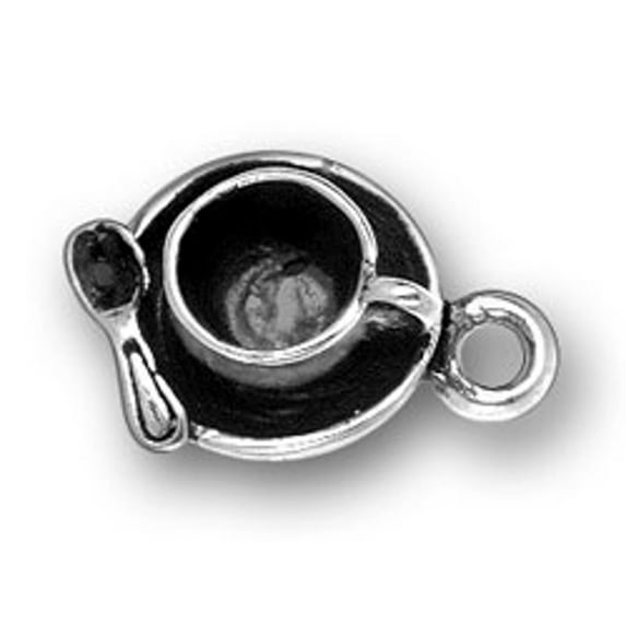 Sterling Silver 30" .8mm Box Chain 3D Tea Or Coffee Cup Saucer And Spoon Pendant Necklace
