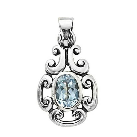 Sterling Silver 30" .8mm Box Chain Scroll Design Blue Topaz Stone Pendant Necklace