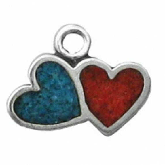 Sterling Silver 30" .8mm Mini Double Heart Blue Turquoise Chips Red Stone Inlay Pendant Necklace