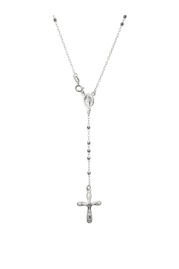 Sterling Silver 3mm Disco Bead Jesus Christ Crucific Cross Mother Mary Medal Rosary Necklace, 26"