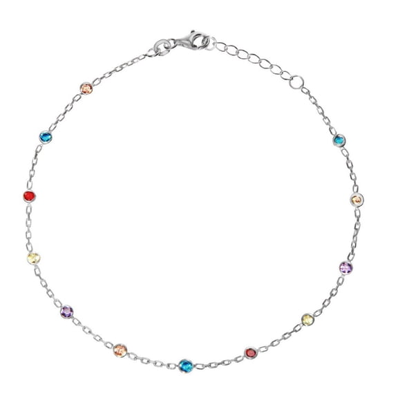 Sterling Silver 3mm Multi-color Cubic Zirconia Station Adjustable Anklet - 10 Inch