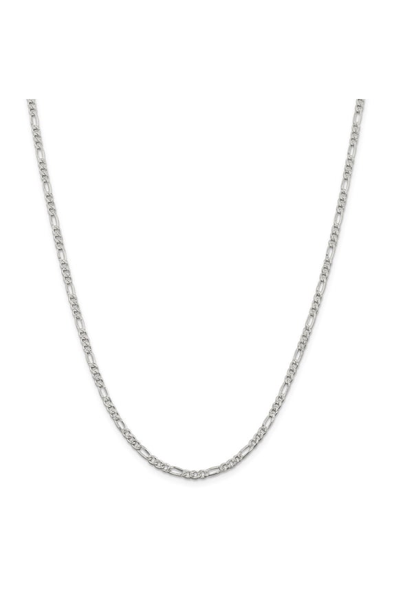 Sterling Silver 3mm Pave Flat Figaro Chain Necklace - 6.9 Grams - 18 Inch