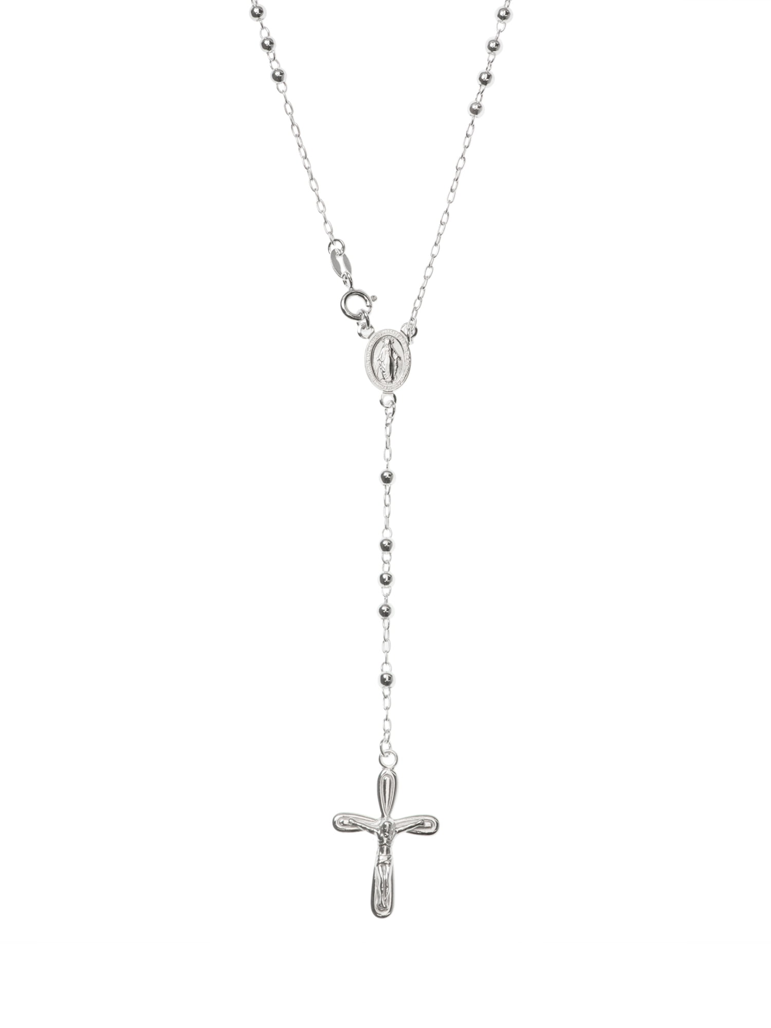 QUEENBERRY Sterling Silver 3mm Round Bead Jesus Christ Crucifix Cross Mother Mary Medal Rosary Necklace, 26"
