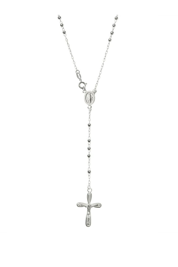 Sterling Silver 3mm Round Bead Jesus Christ Crucifix Cross Mother Mary Medal Rosary Necklace, 26"