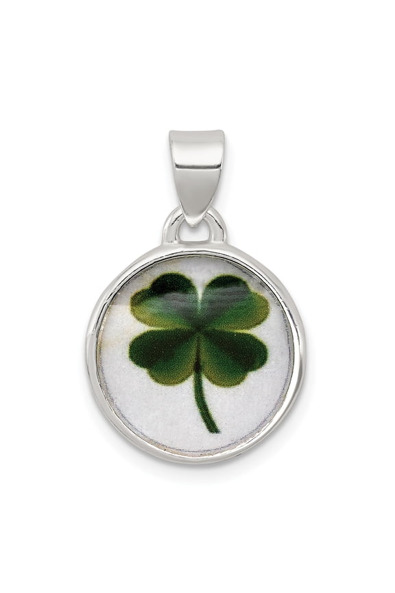 Sterling Silver 4 Leaf Clover Clear Enamel Pendant Charm