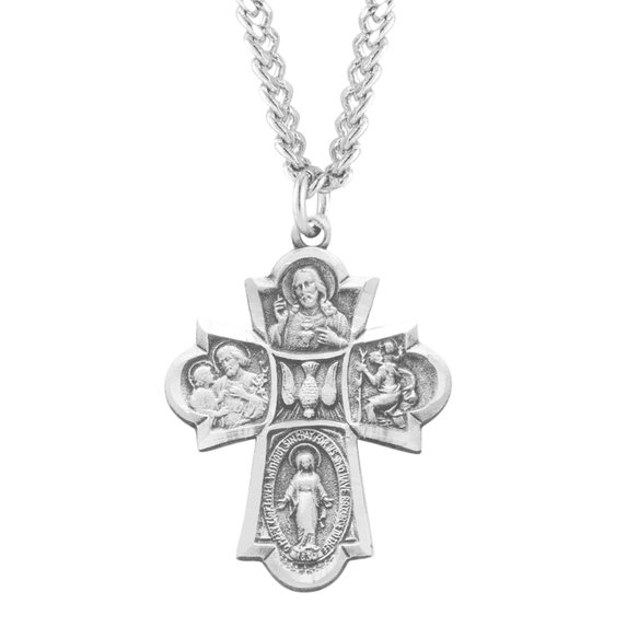 Sterling Silver 4-Way Medal with 24" Rhodium Plated Stainless Steel Chain, Miraculous, Scapular, Saint Christopher & Saint Joseph Medals, Gift Box Included