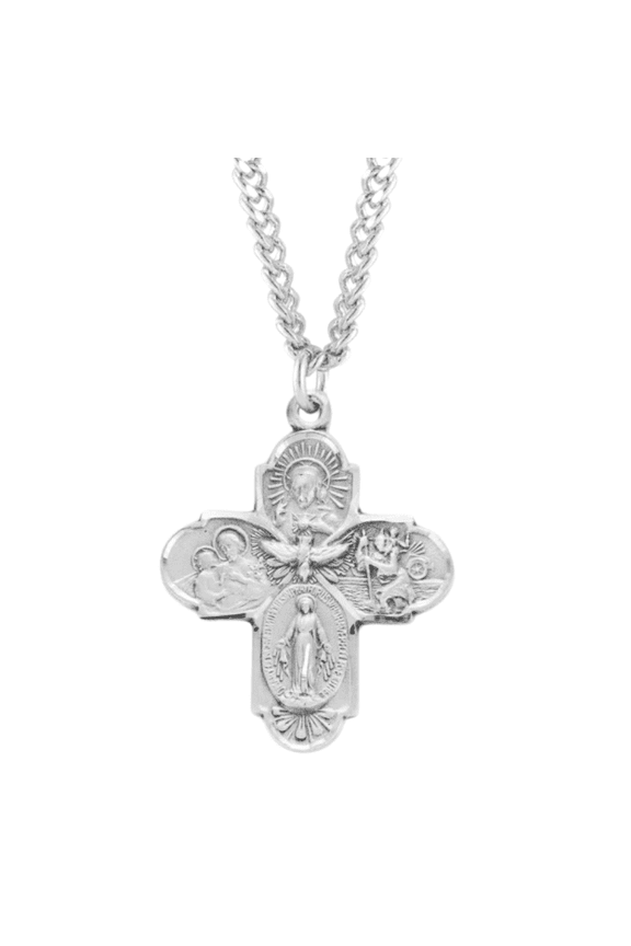 Sterling Silver 4-Way Medal with Holy Spirit, 24" Rhodium Plated Stainless Steel Chain, Deluxe Velvet Gift Box