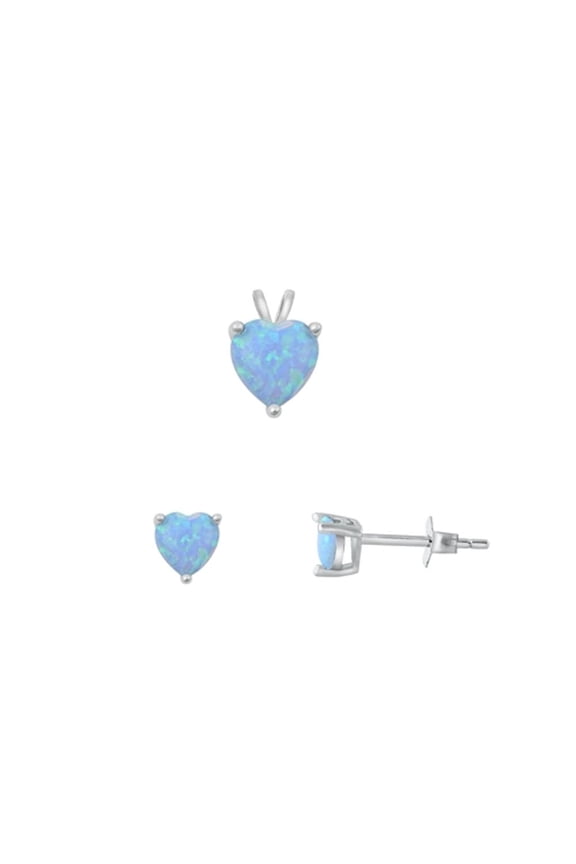 Sterling Silver 4mm Light Blue Simulated Opal Earrings & 6mm Heart Pendant Set Jewelry Female Unisex