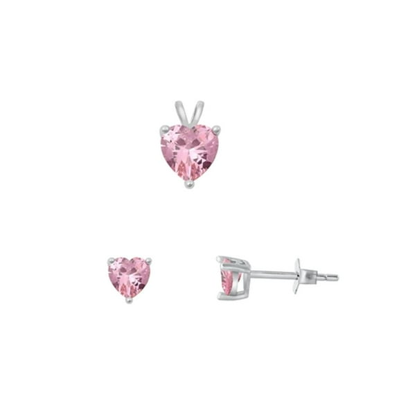 Sterling Silver 4mm Pink Cubic Zirconia Heart Earrings & 6mm Pendant Set 925 New Jewelry Female