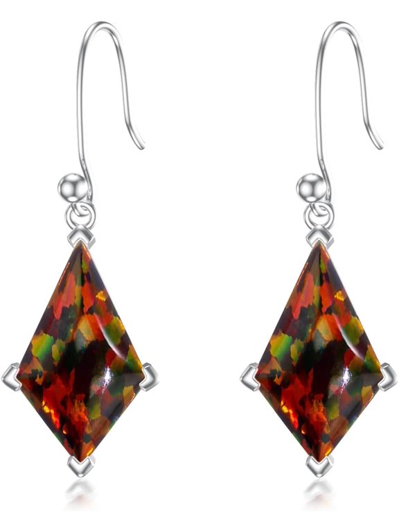 Sterling Silver 6.0ct Black Red Opal Dangling Earrings for Women, Real s925 Silver Kite Cut Black Red Opal French Wire Dangle Earrings for Ladies Mom Birthday Christmas