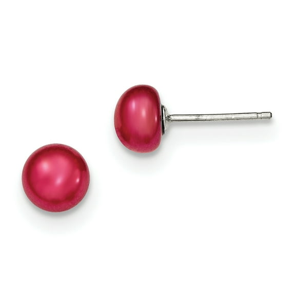 Sterling Silver 6.5-7mm Freshwater Cultured Button Pearl Burgundy Earrings