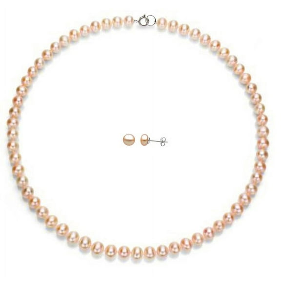 Sterling Silver 6-6.5mm Pink Freshwater Cultured Pearl Necklace and Stud Earrings Set