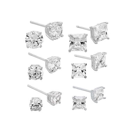 Sterling Silver 6 Pair Set Cubic Zirconia Stud Earrings