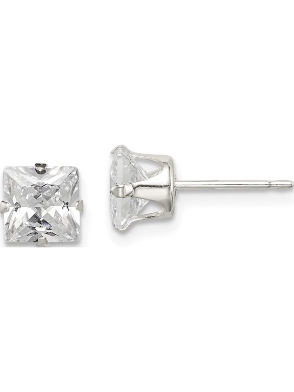 Sterling Silver 6mm Square Snap Set CZ Stud Earrings