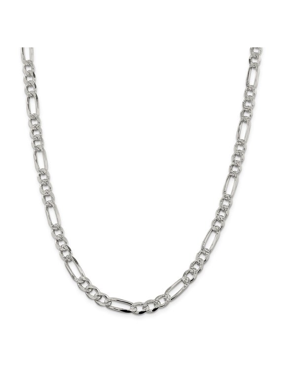 Sterling Silver 7.25mm Pavé Flat Figaro Chain Necklace Size 22