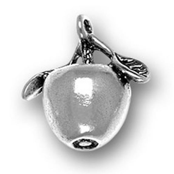 Sterling Silver 7" 4.5mm Charm Bracelet With Attached 3D Apple Fruit Charm With Stem And Two Leaves
