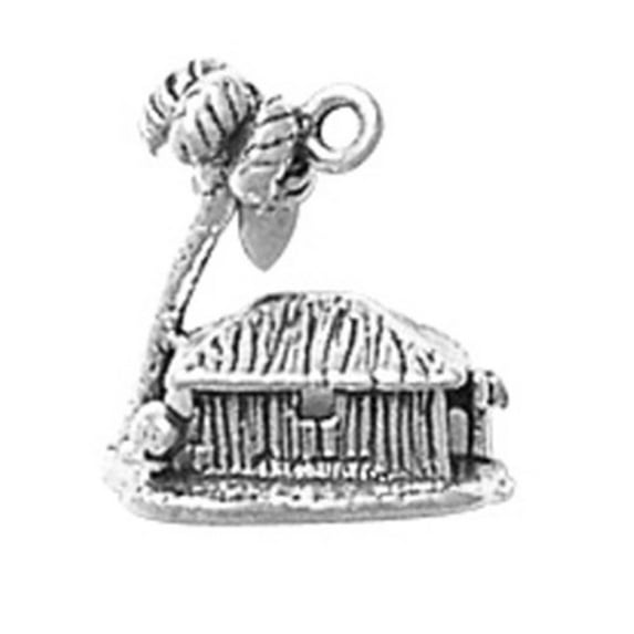 Sterling Silver 7" 4.5mm Charm Bracelet With Attached 3D Grass Hut With Palm Tree Charm
