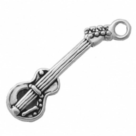 Sterling Silver 7" 4.5mm Charm Bracelet With Attached 3D Musical Instrument Bass Electric Guitar Charm
