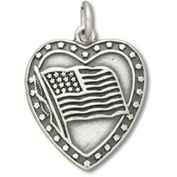 Sterling Silver 7" 4.5mm Charm Bracelet With Attached Heart With American Flag And Stars Military Charm
