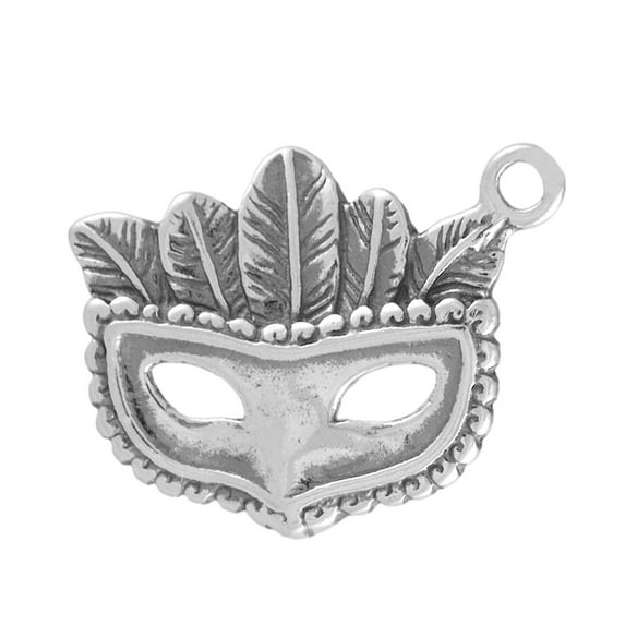 Sterling Silver 7" 4.5mm Charm Bracelet With Attached Top Feathered Head Costume Ball Or Mardi Gras Mask Charm