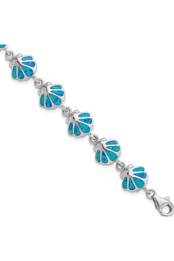Sterling Silver Rhodium-plated 7in Created Blue Opal Inlay Shell Bracelet