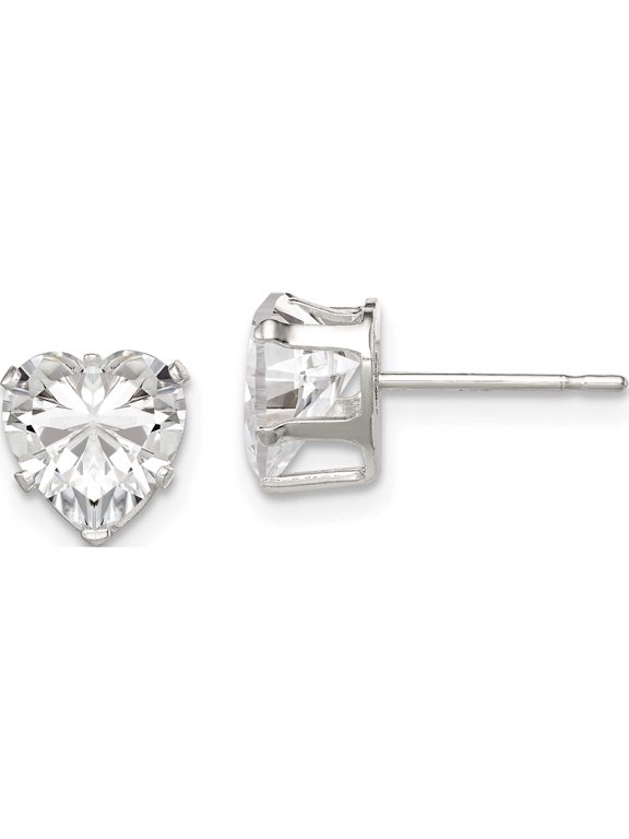 Sterling Silver Polished 7mm Heart Snap Set CZ Stud Earrings