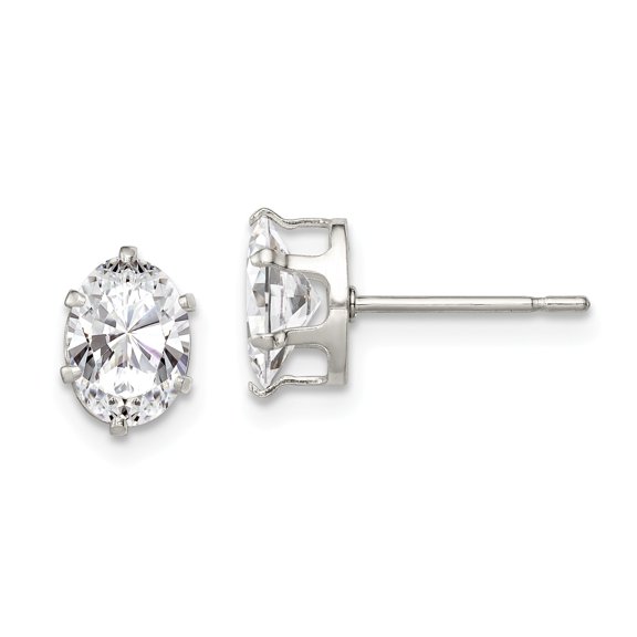 Sterling Silver 7x5 Oval Snap Set CZ Stud Earrings