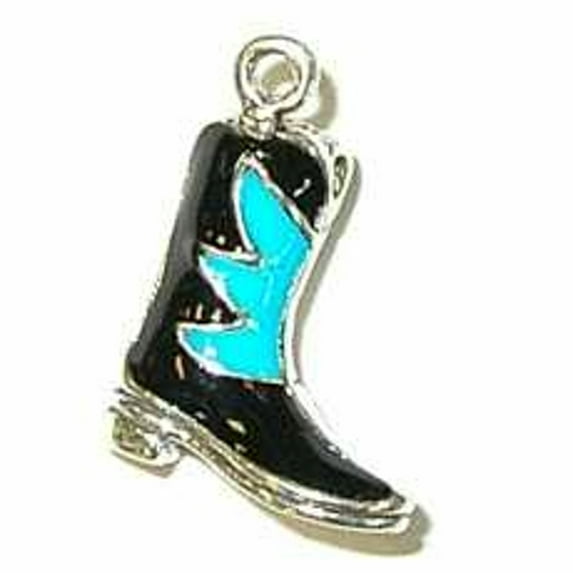 Sterling Silver 8" 4.5mm Charm Bracelet With Attached 3D Enameled Black And Blue Green Cowboy Boots Charm
