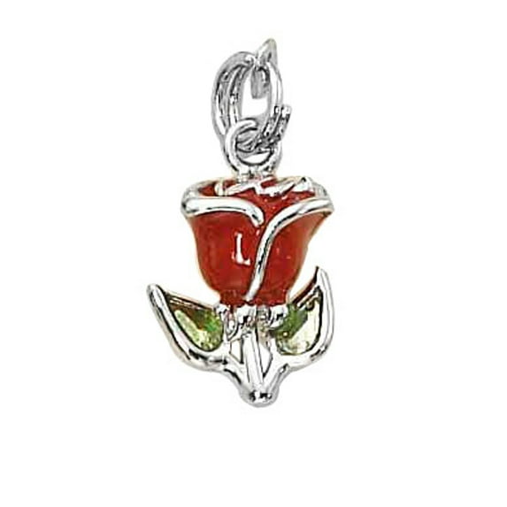 Sterling Silver 8" 4.5mm Charm Bracelet With Attached 3D Red And Green Enameled Rose Flower Charm With Petals